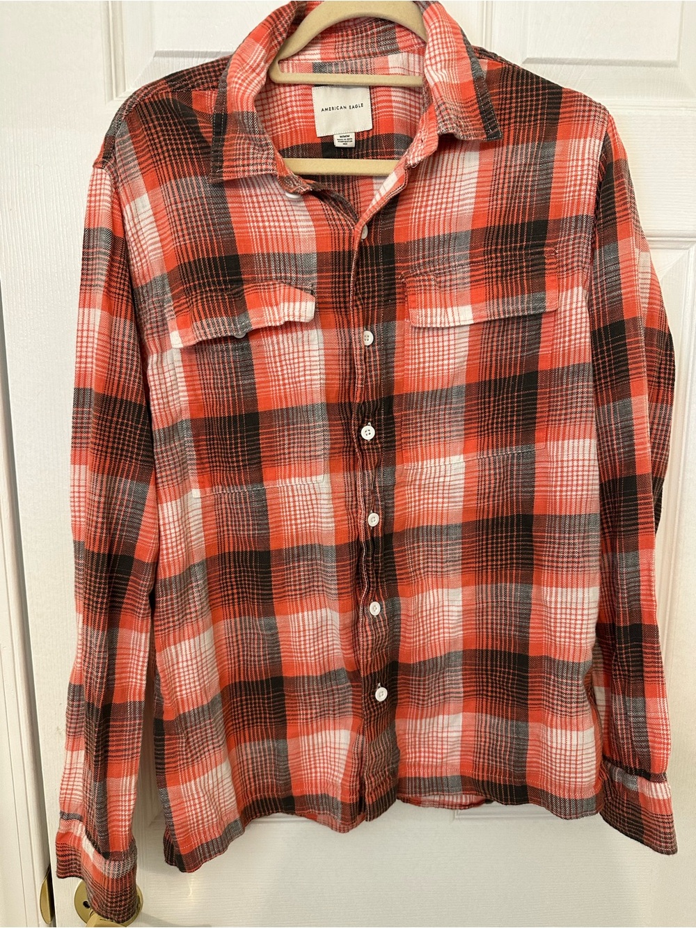 American Eagle Orange Black Plaid Button-Up Shirt